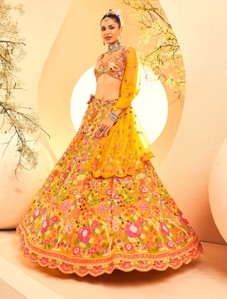 Aneesh Agarwaal-Yellow Botanical Pattern Lehenga Set-INDIASPOPUP.COM