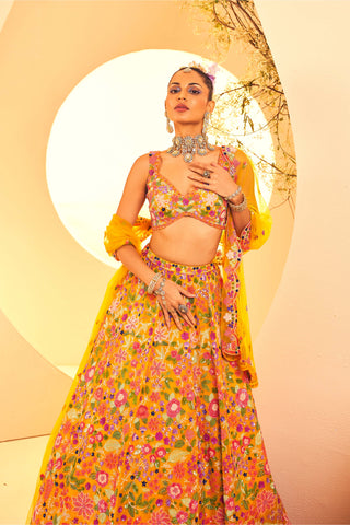 Aneesh Agarwaal-Yellow Botanical Pattern Lehenga Set-INDIASPOPUP.COM