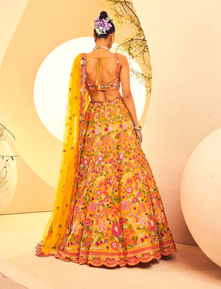 Aneesh Agarwaal-Yellow Botanical Pattern Lehenga Set-INDIASPOPUP.COM