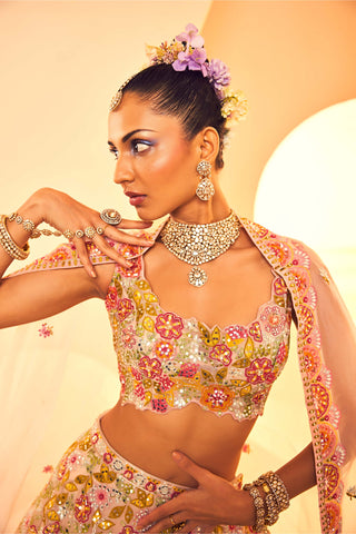 Aneesh Agarwaal-Ivory Botanical Pattern Lehenga Set-INDIASPOPUP.COM