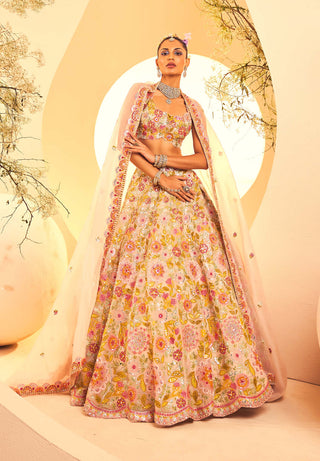 Aneesh Agarwaal-Ivory Botanical Pattern Lehenga Set-INDIASPOPUP.COM