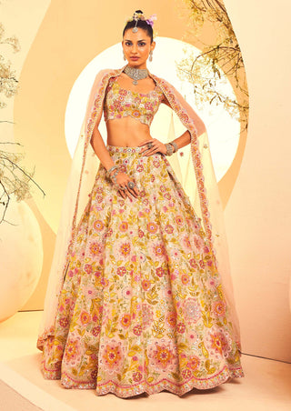 Aneesh Agarwaal-Ivory Botanical Pattern Lehenga Set-INDIASPOPUP.COM