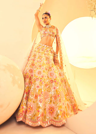 Aneesh Agarwaal-Ivory Botanical Pattern Lehenga Set-INDIASPOPUP.COM