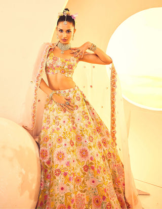Aneesh Agarwaal-Ivory Botanical Pattern Lehenga Set-INDIASPOPUP.COM