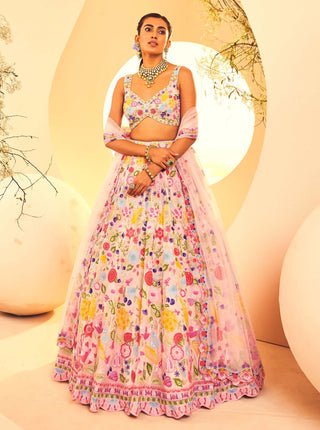 Aneesh Agarwaal-Pink Botanical Pattern Lehenga Set-INDIASPOPUP.COM