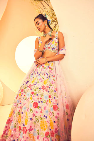 Aneesh Agarwaal-Pink Botanical Pattern Lehenga Set-INDIASPOPUP.COM