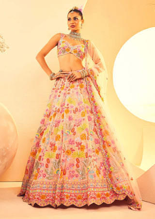 Peach botanical pattern lehenga set