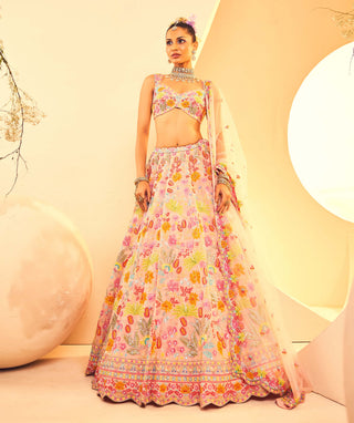 Aneesh Agarwaal-Peach Botanical Pattern Lehenga Set-INDIASPOPUP.COM