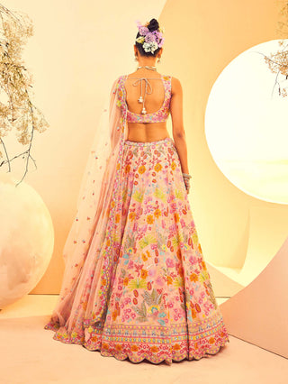 Aneesh Agarwaal-Peach Botanical Pattern Lehenga Set-INDIASPOPUP.COM
