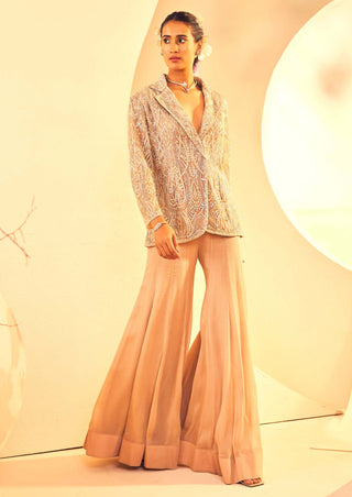 Aneesh Agarwaal-Taupe Blazer And Flared Sharara Pant-INDIASPOPUP.COM