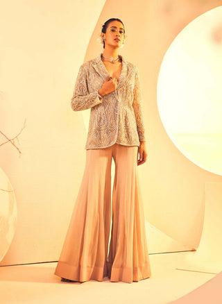 Aneesh Agarwaal-Taupe Blazer And Flared Sharara Pant-INDIASPOPUP.COM