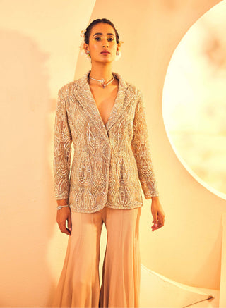 Aneesh Agarwaal-Taupe Blazer And Flared Sharara Pant-INDIASPOPUP.COM