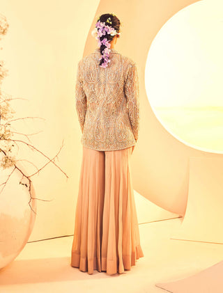 Aneesh Agarwaal-Taupe Blazer And Flared Sharara Pant-INDIASPOPUP.COM