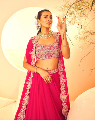 Aneesh Agarwaal-Fuchsia Embroidered Cape And Skirt Set-INDIASPOPUP.COM