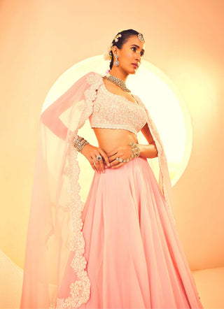 Aneesh Agarwaal-Salmon Pink Embroidered Cape And Skirt Set-INDIASPOPUP.COM