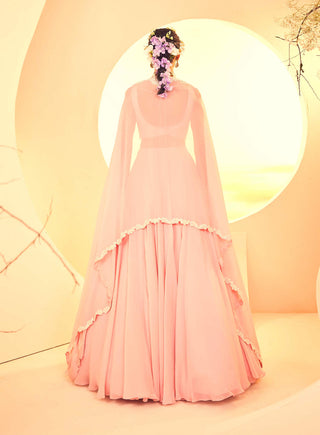 Aneesh Agarwaal-Salmon Pink Embroidered Cape And Skirt Set-INDIASPOPUP.COM