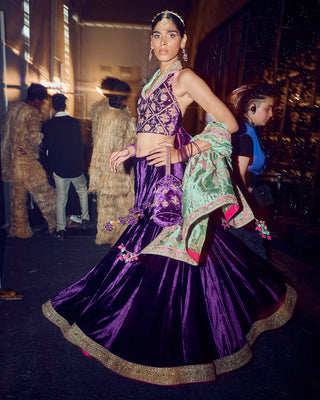 Punit Balana Sage Green And Baingani Modern Lehenga Set available on indiaspopup