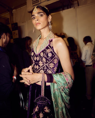 Punit Balana Sage Green And Baingani Modern Lehenga Set available on indiaspopup