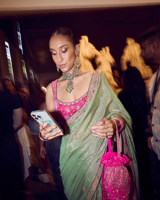 Punit Balana Sage Green And Gulabi Classic Tissue Sari And Blouse available on indiaspopup