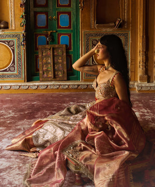 Rose gold pure zari tissue lehenga set