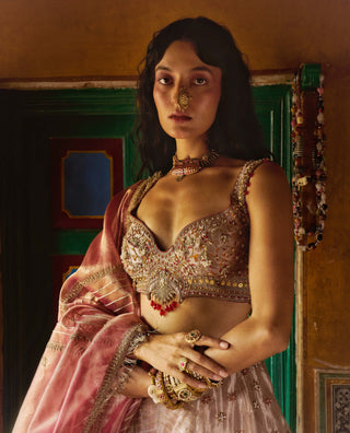 Rose gold pure zari tissue lehenga set
