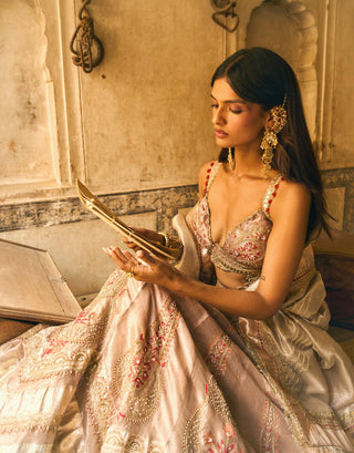 Rose gold silk zari tissue lehenga set