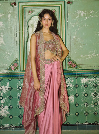 Blush pink drape satin skirt and cape set