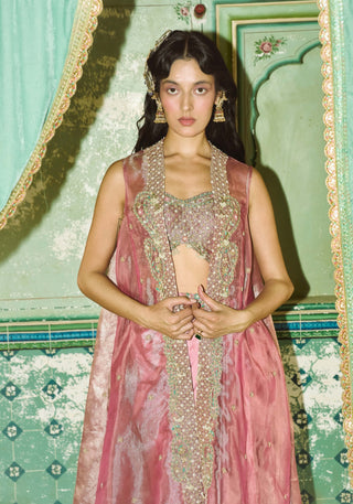 Blush pink drape satin skirt and cape set