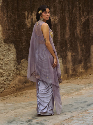 Lilac drape satin skirt and cape set