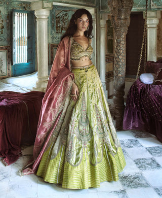 Lemon green silk zari tissue lehenga set