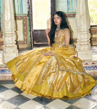 Mustard yellow pure zari tissue jacket and skirt set