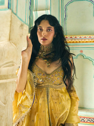 Mustard yellow pure zari tissue jacket and skirt set