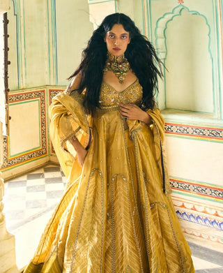 Mustard yellow pure zari tissue jacket and skirt set