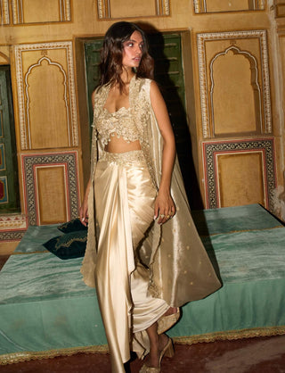 Champagne gold drape satin skirt and cape set