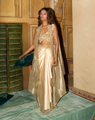 Champagne gold drape satin skirt and cape set
