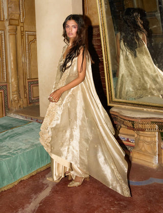 Champagne gold drape satin skirt and cape set