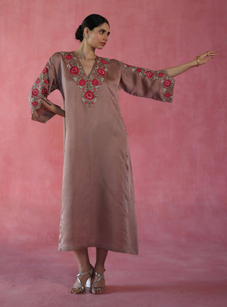 Sheermal Beige Kaftan by Begum Pret available on Indiaspopup.com