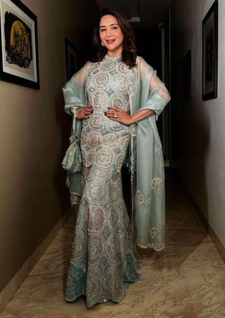 Cadet blue embroidered organza sharara set