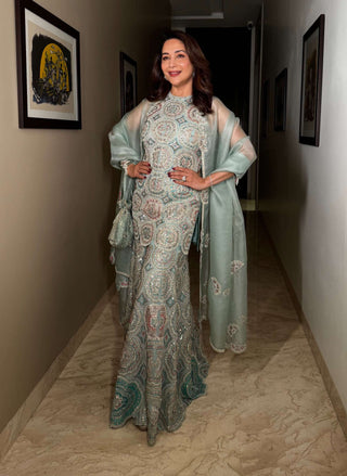 Cadet blue embroidered organza sharara set