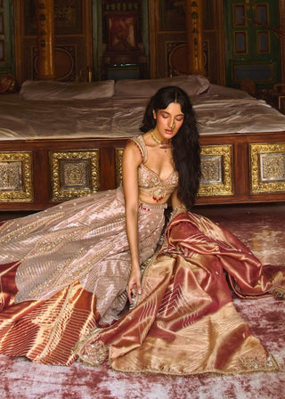 Rose gold pure zari tissue lehenga set