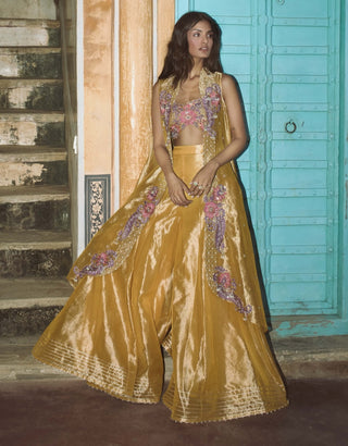 Mustard yellow pure zari sharara and cape set