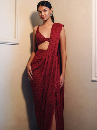Prady red drape sari and pearl blouse