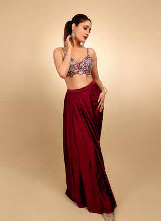 Sangria plum embroidered jacket and skirt set