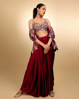 Sangria plum embroidered jacket and skirt set