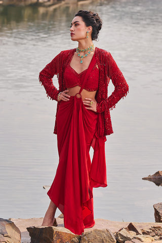 Nidhika Shekhar-Red Drape Sari And Blazer Set-INDIASPOPUP.COM
