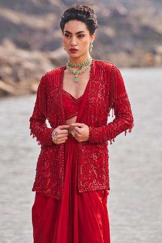 Nidhika Shekhar-Red Drape Sari And Blazer Set-INDIASPOPUP.COM