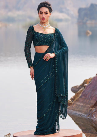 Nidhika Shekhar-Bottle Green Jilmil Drape Sari Set-INDIASPOPUP.COM
