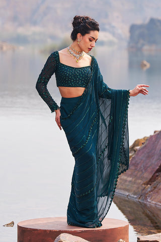 Nidhika Shekhar-Bottle Green Jilmil Drape Sari Set-INDIASPOPUP.COM