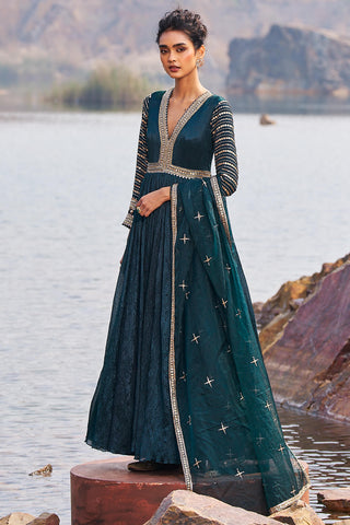 Nidhika Shekhar-Bottle Green Anarkali And Dupatta-INDIASPOPUP.COM