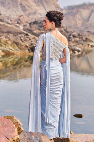 Nidhika Shekhar-Aqua Drape Embellished Sari And Cape Set-INDIASPOPUP.COM